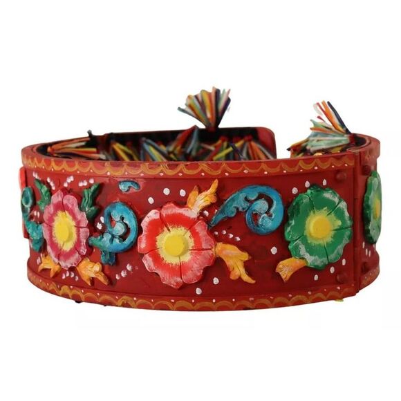 Pre Loved dolce & gabbana Handpainted Floral Wooden Bowl Women Multicolor Belts